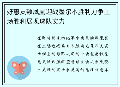 好惠灵顿凤凰迎战墨尔本胜利力争主场胜利展现球队实力